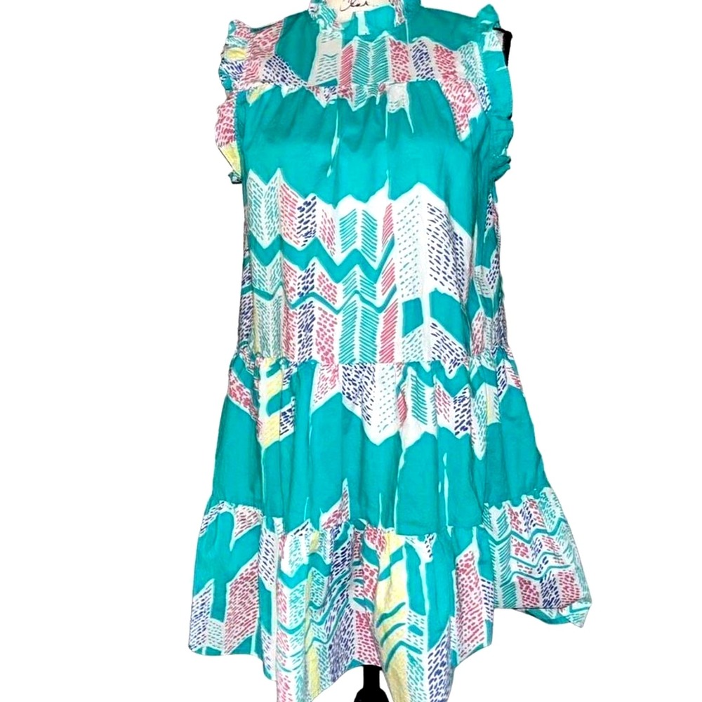 Pinch Teal Geometric Chevron Tiered Ruffle Mini Dress Sleeveless Small